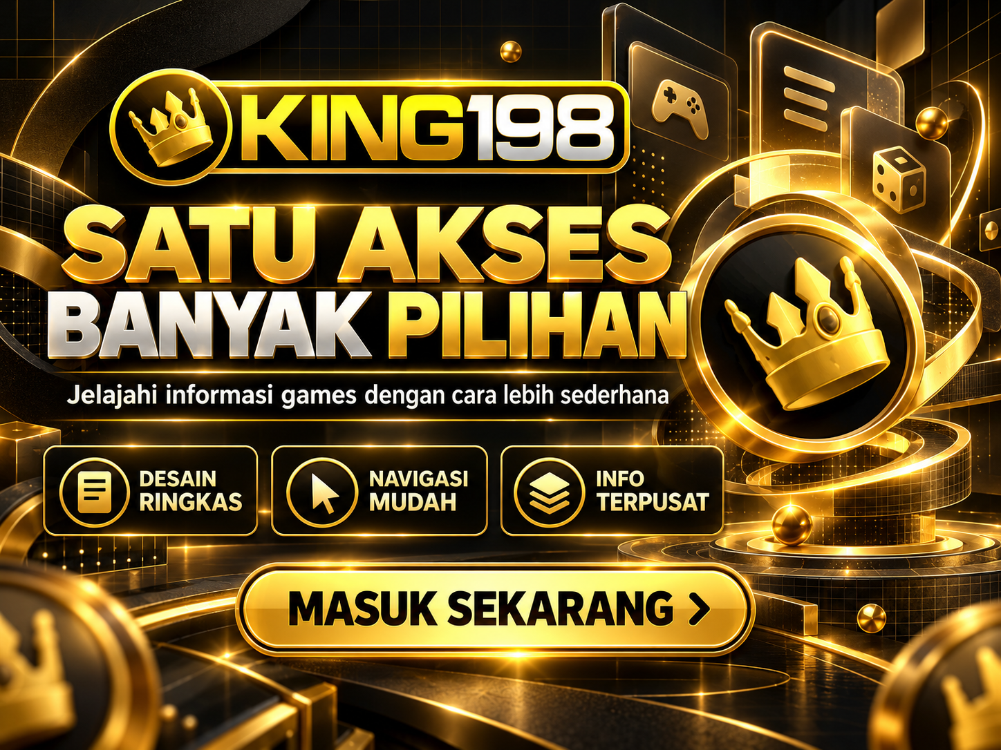 Banner KING198 gaya Swiss minimalis dengan huruf besar, bentuk geometris, dan ruang negatif hitam emas.